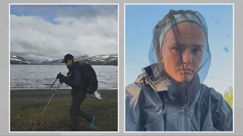 Two photos of Kit Birks on her walk: walking with poles beside a lake below snowy hills, and wearing a mosquito head net.