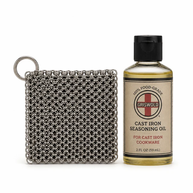 Chainmail scrubber + oil Griswold-style vintage care product photo